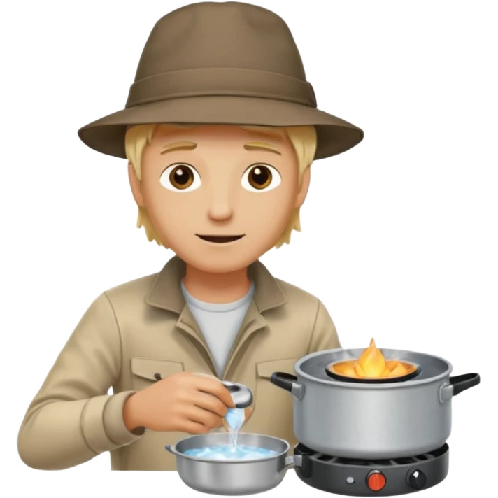 A blonde man camper boiling water on a portable stove, enjoying the outdoor emoji