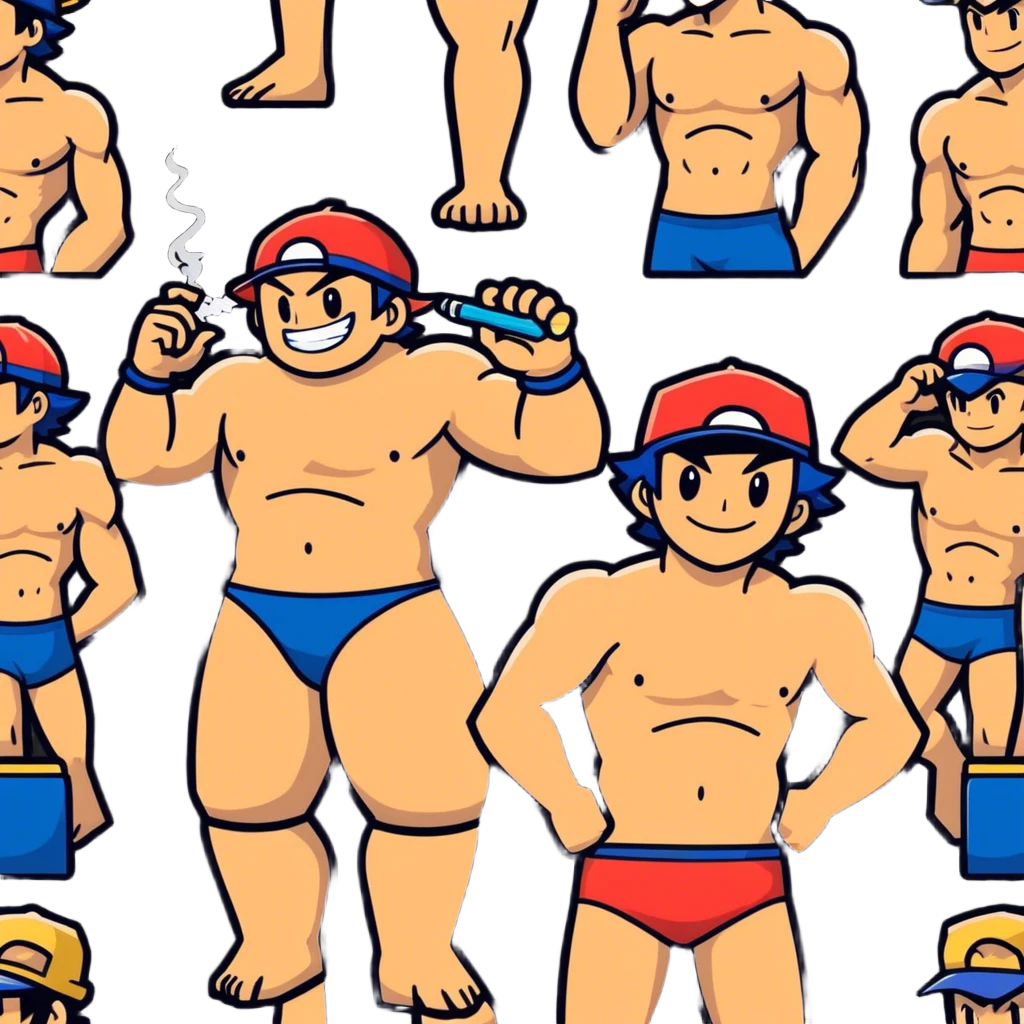 Hot handsome muscular 6ft 5inch tall smiling happy fun shirtless Ash Ketchum bugging two best friends in swimwear while using a vape emoji