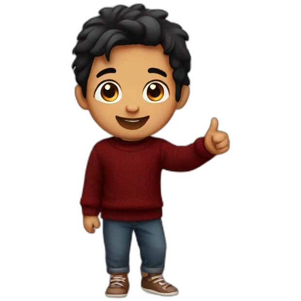smiling and pointing 3 years old north indian with black hair wearing a dark red sweater emoji