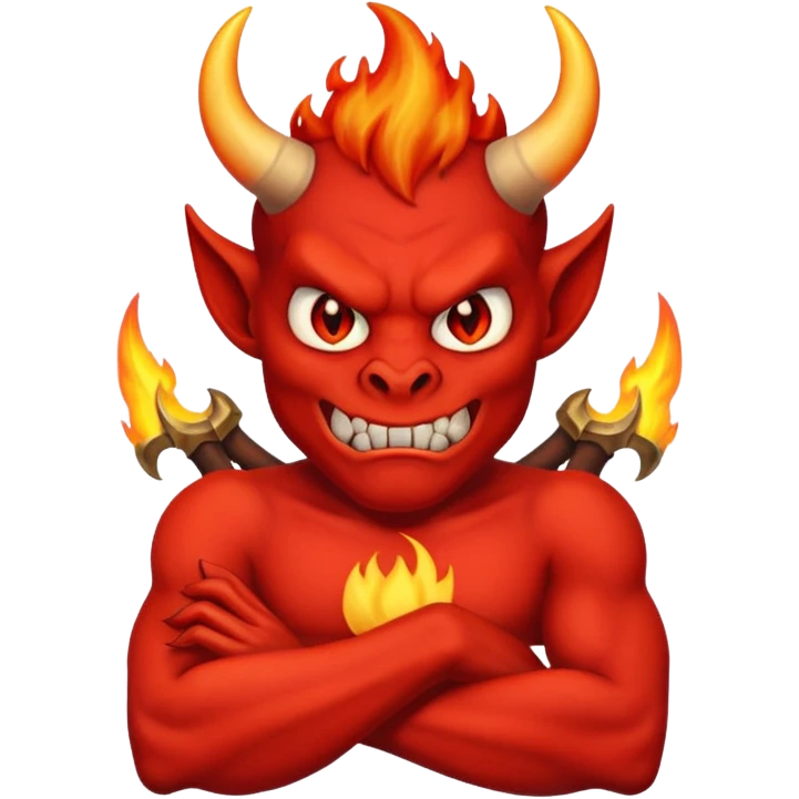 a Red devil, short horn Devil with flaming eyes, crossing arms emoji