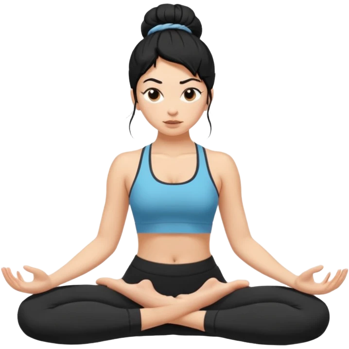 white girl with black long hair in a messy bun doing difficult yoga emoji