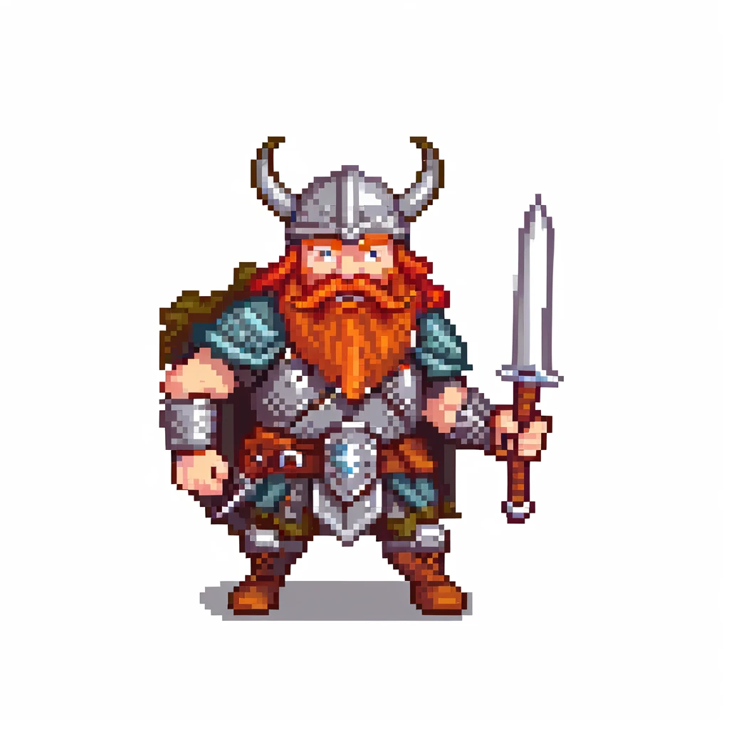 pixel art ginger viking with red beard and armor, running animation frame 1, legs wide apart emoji
