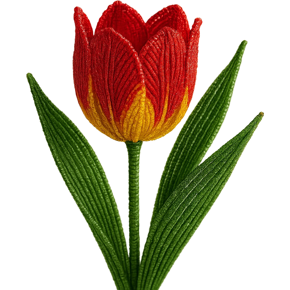 french beaded tulip, intricate glass seed beads, wirework, realistic flower, vibrant red and yellow petals, green leaves, elegant, close-up, no background emoji