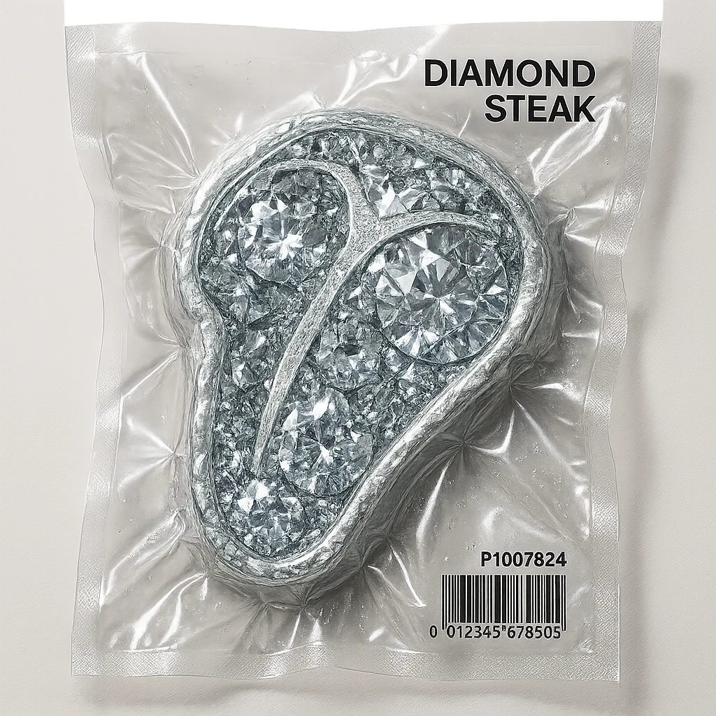 steak made of diamond, glossy and puffy, vacuum-sealed style emoji
