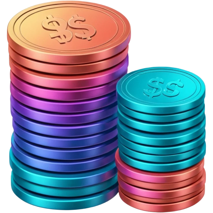 Stack of coins in gradient of turquoise, blue, pink, purple, and coral color emoji