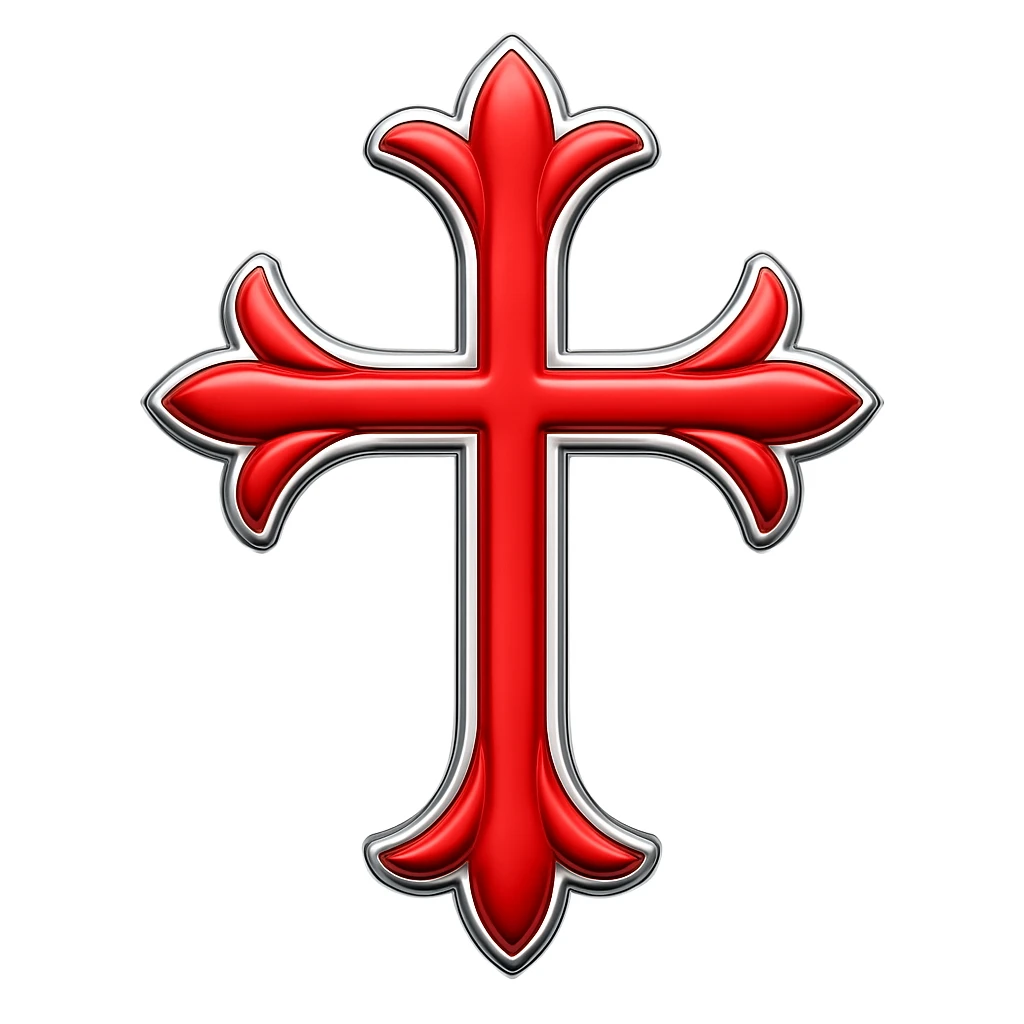 Add a silver outline with metallic shine to the chrome hearts cross in red, keeping the apple emoji style with its characteristic look and feel. emoji