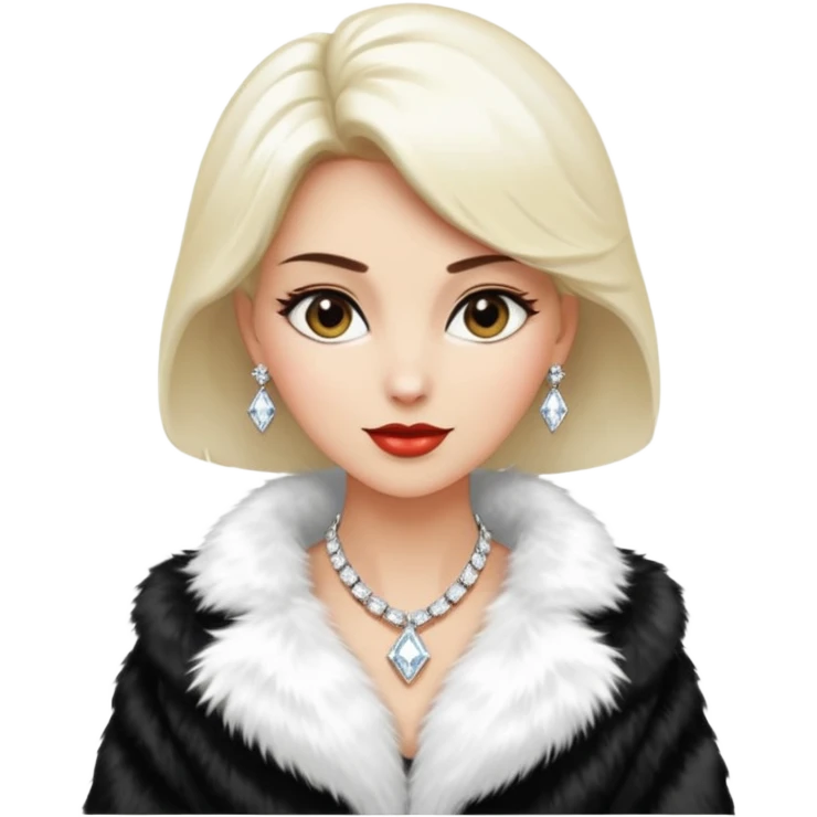 * Character: A stylish lady
* ﻿﻿Clothing: A luxurious white fur coat
* ﻿﻿Accessories: A dazzling diamond necklace
* ﻿﻿Expression: Confident, elegant, maybe slightly glamorous
* ﻿﻿Pose: Head slightly tilted or a poised posture
* ﻿﻿Style: Emoji-like, simple but expressive emoji