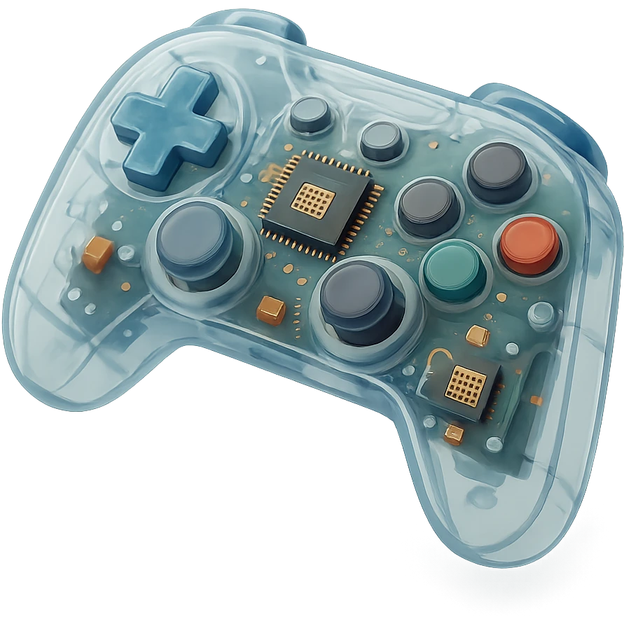 A gaming controller with transparent shell showing internal circuitry, buttons, and electronic components emoji