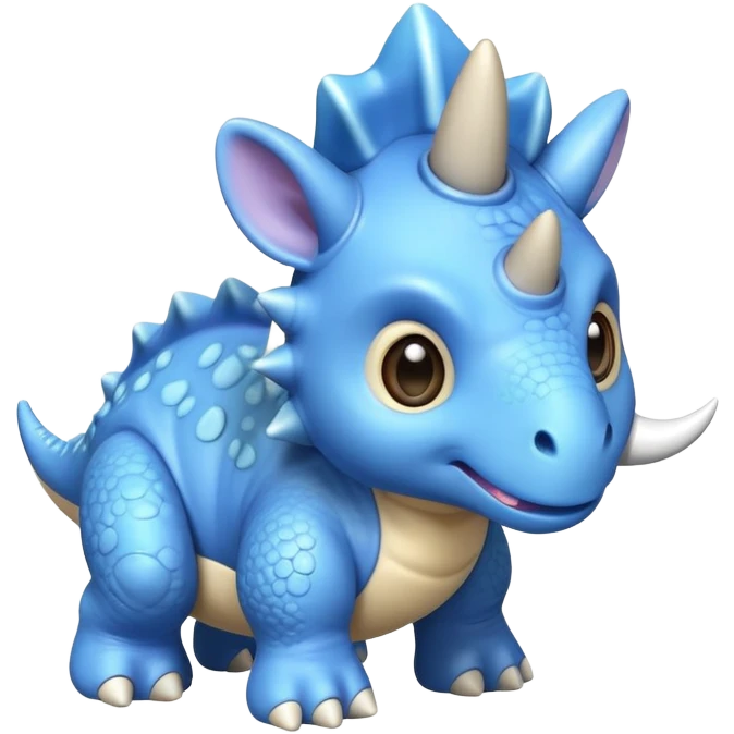A small blue baby triceratops toy with stubby horns and a pacifier emoji