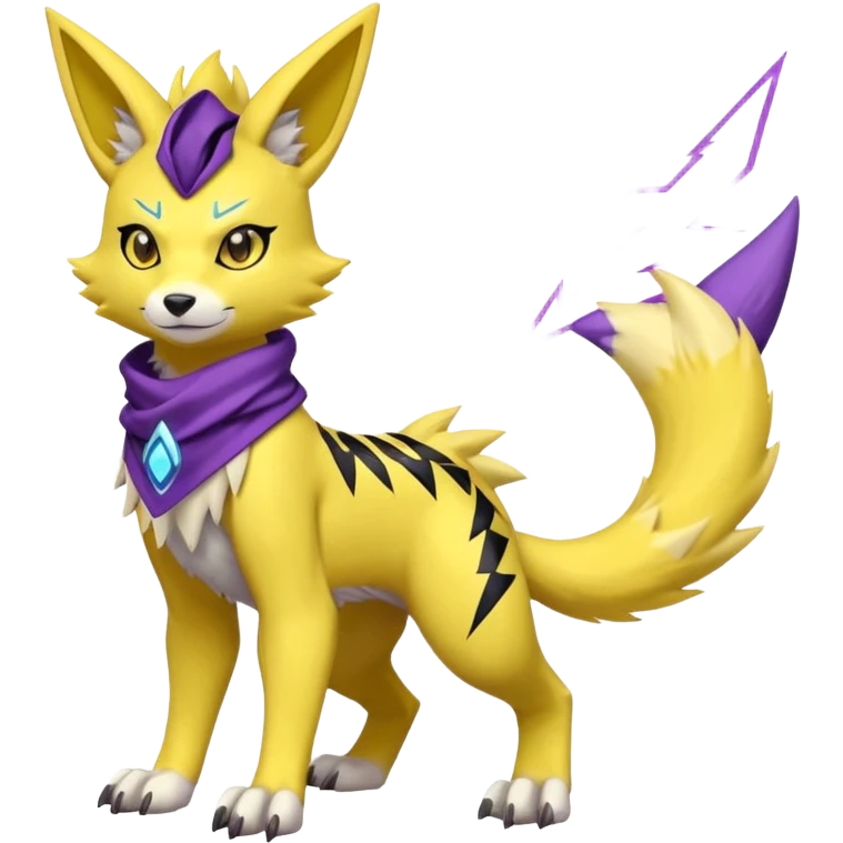 Furry Anthropomorphic Yellow Renamon-Zeraora-Lombax-Pokémon-Digimon-Fakémon-fusion with purple lightning-bolt-markings, and facial markings, black bandanna scarf (full body) emoji