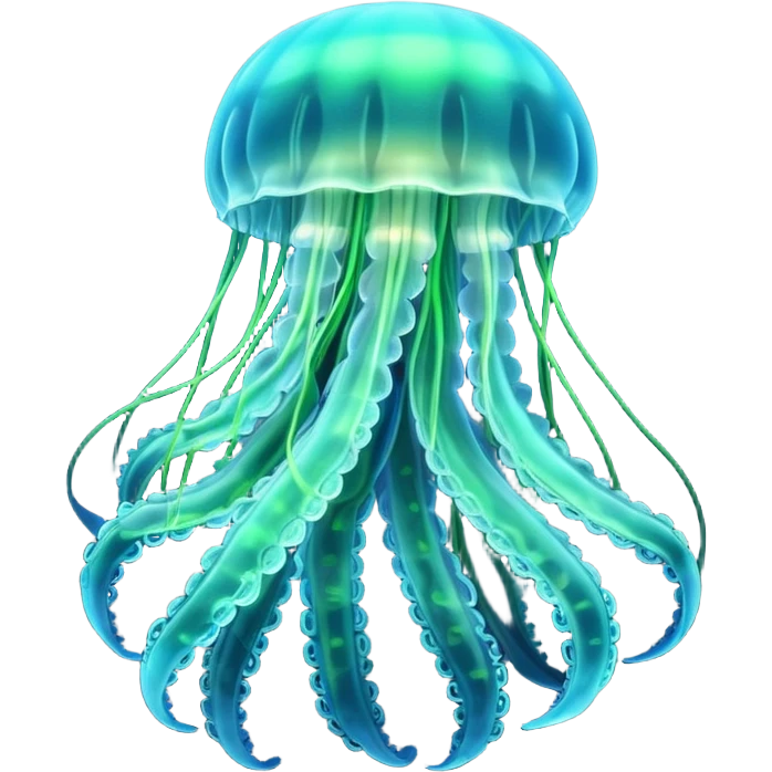 3D render of Jellyfish, bioluminescent deep sea style, glowing neon blue and green lights, dark background to contrast the glow, translucent organic textures. emoji