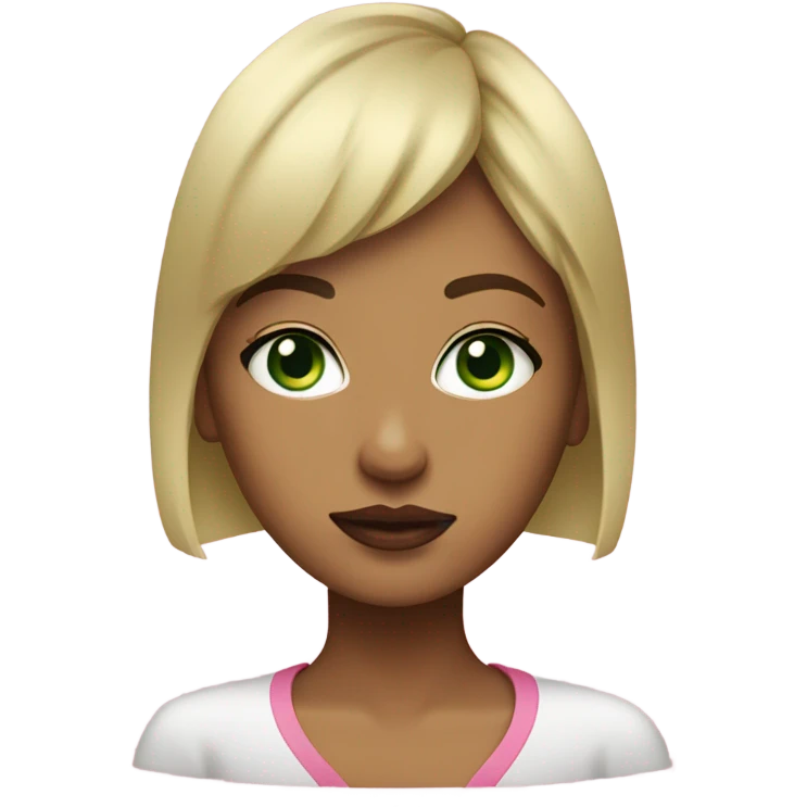 Girl with short blonde hair and bangs,green eyes,pouty pink lips emoji