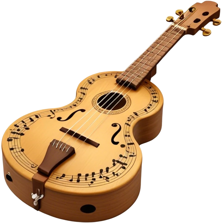 Create an elegant and traditional emoji representing a domra. The design should feature the round, wooden body of the domra with its distinct 3 strings. Include delicate details like the tuning pegs, the fingerboard, and the bridge. The wood of the domra should have a rich, warm tone, and the strings should be subtly highlighted to show their importance. Add a small musical note or two floating around to evoke the folk music it is used for. Use earthy tones like brown and gold to emphasize its classic, rustic feel. The background should be transparent. emoji