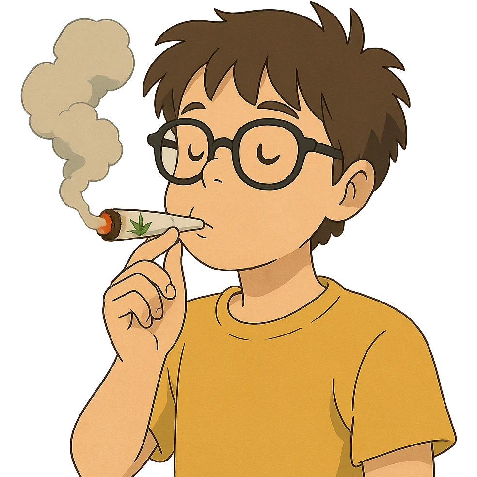 ghibli style app character with black glasses smoking weed emoji