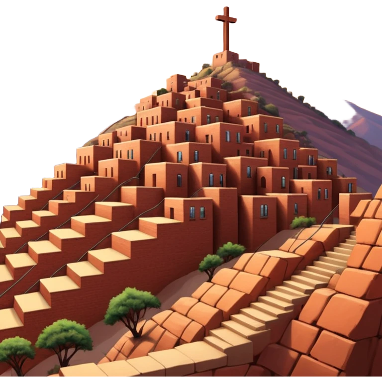 Urban Peruvian hillside neighborhood, brick houses stacked on steep hills of the desert, unfinished red brick buildings,, narrow stairways, electric cables crossing the sky, sunset lighting, realistic style, cinematic, high detail in the desert, cross monument at the top emoji
