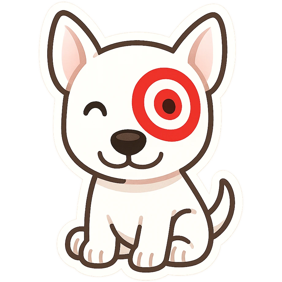 cute cartoon of Target store bullseye dog, white dog with red bullseye around one eye, sitting and smiling, simple and friendly style, chibi stickers style emoji