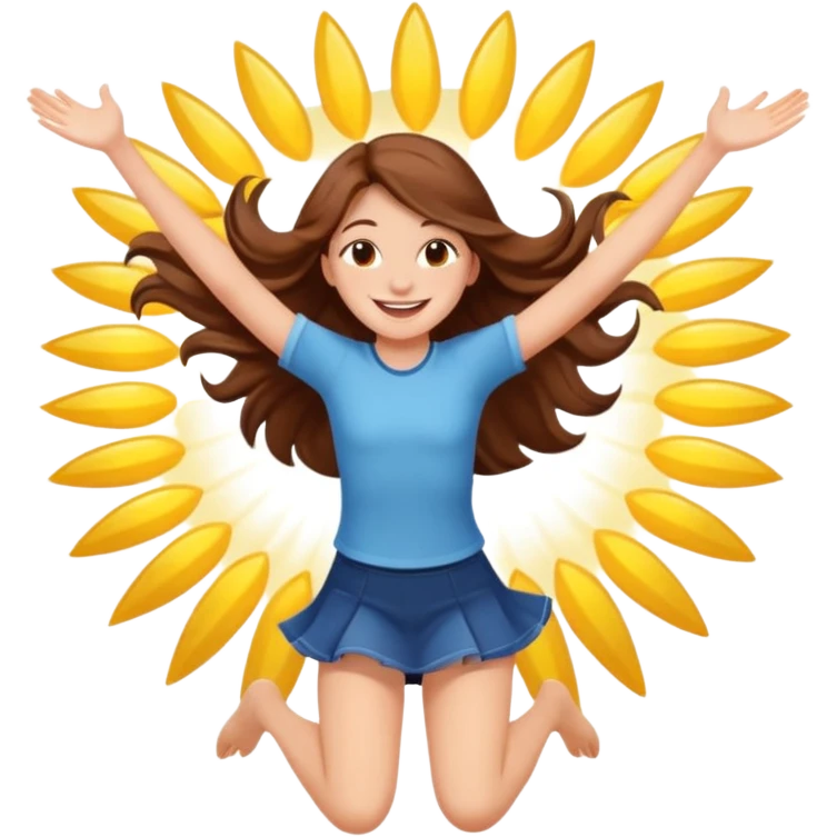 Girl with long brown hair happy jumping in the air with sunbeams in the background  emoji