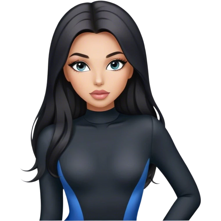 Glamours, tanned, very beautiful girl, with big pump peach-beige-rose lips, long long lashes, black straight smooth silky long hair, straight parting hair, blue-grey eyes in black long-sleeves bodysuit emoji