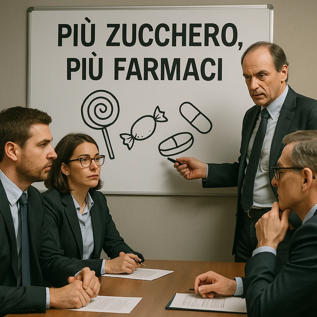 Corporate meeting in a pharmaceutical company: managers discussing in front of a whiteboard with drawings of sweets and pills, visible slogan in Italian 'Più zucchero, più farmaci', cynical and strategic atmosphere, photographic style, realistic details, 4K quality. emoji