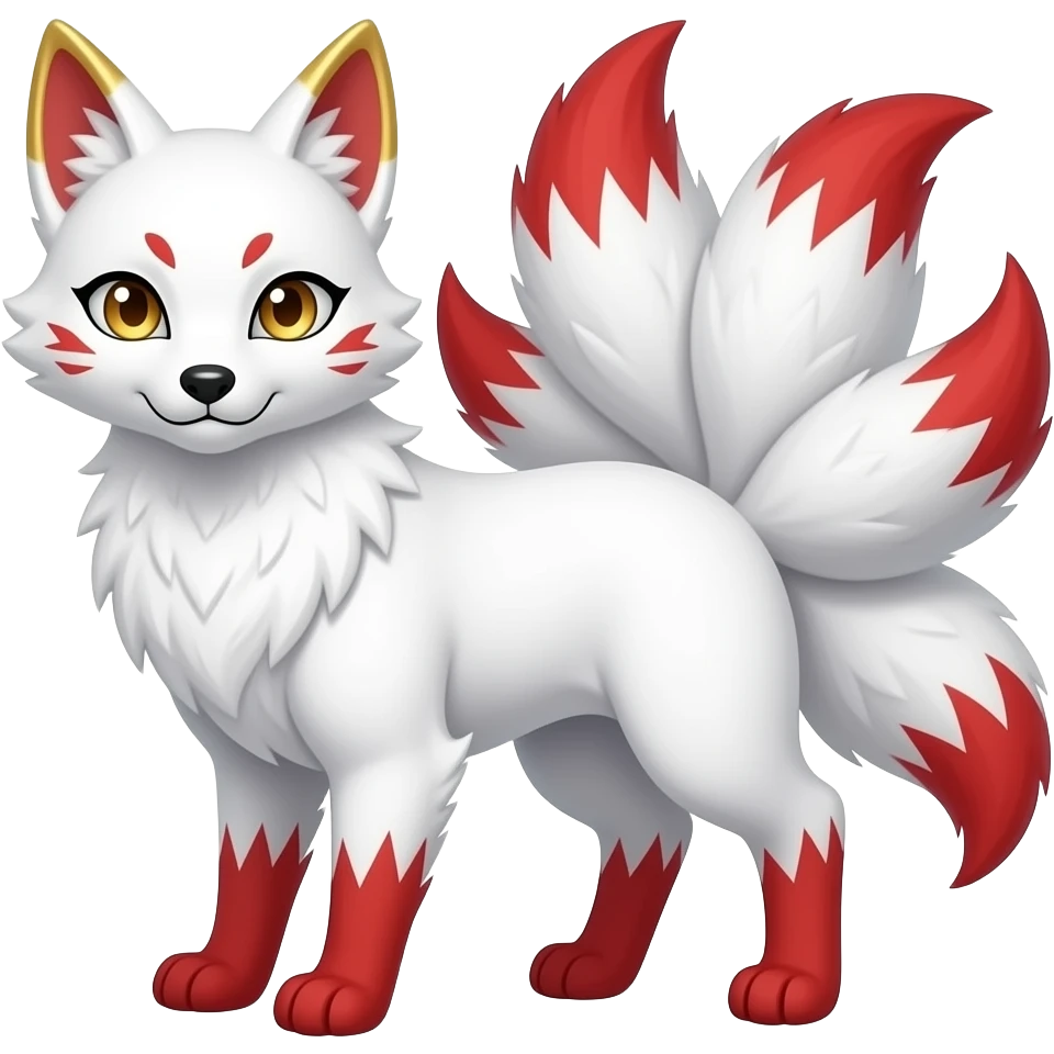 A white one-tailed Male Kitsune (Fox Form,) with red accents, gold accents in his ears and pale golden eyes. emoji
