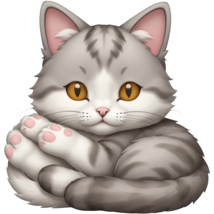 grey and white small cat with its eyes closed lying down with his paw curled under his head holding it up emoji