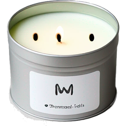 realistic short lit matcha scented candle, silver tin, small plain white label with black text emoji