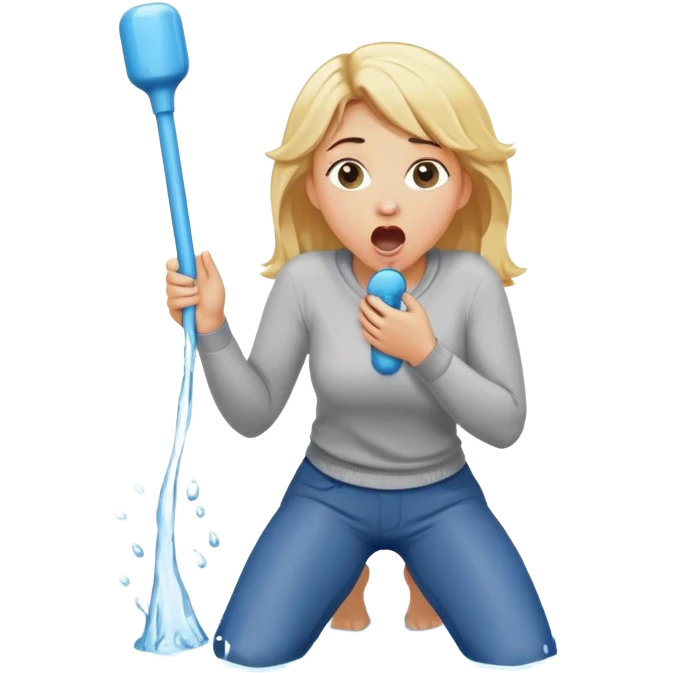 simple blond woman kneeling, surprised, big cartoon stick with D-shaped knob emerging from hanging pants, water splash into her mouth emoji