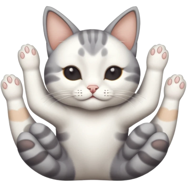 grey and white small cat eyes with closed lying down upside down with paws stretched out straight in different directions emoji