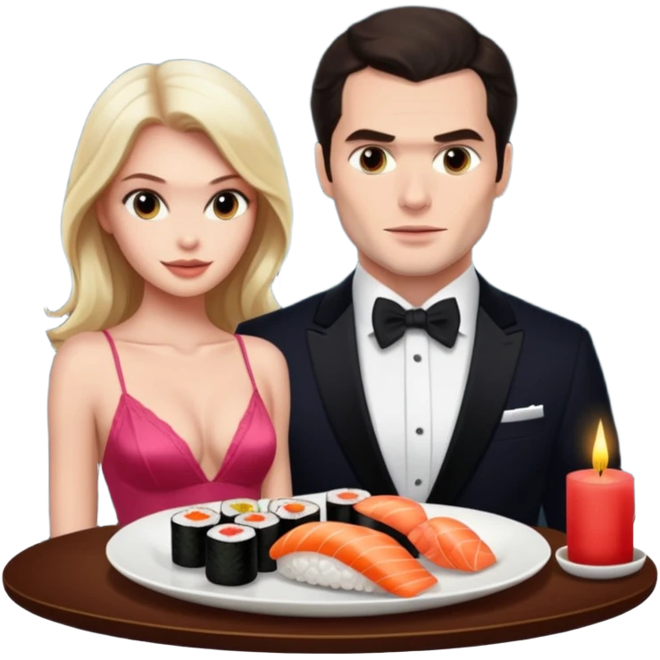 realistic photo of Henry Cavill with a beautiful  victoria secret model on a candle lit sushi date emoji