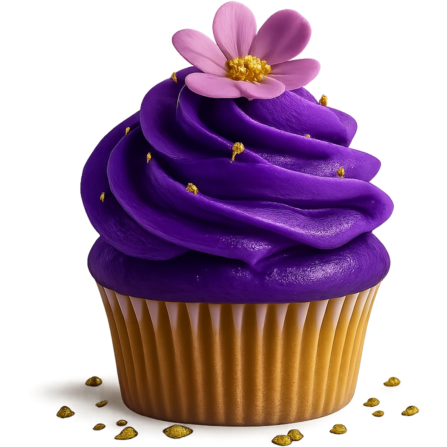 Change the icing to ube flavor with vivid purple, creamy and glossy texture, keep the realistic cupcake and accessories, photorealistic style, transparent background. emoji
