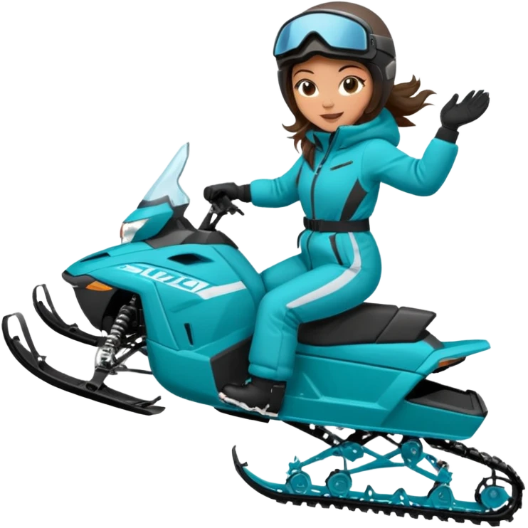 Can you create an emoji of a brunette girl on a teal polaris khaos 850 155 snowmobile doing a wheelie with snow flying emoji