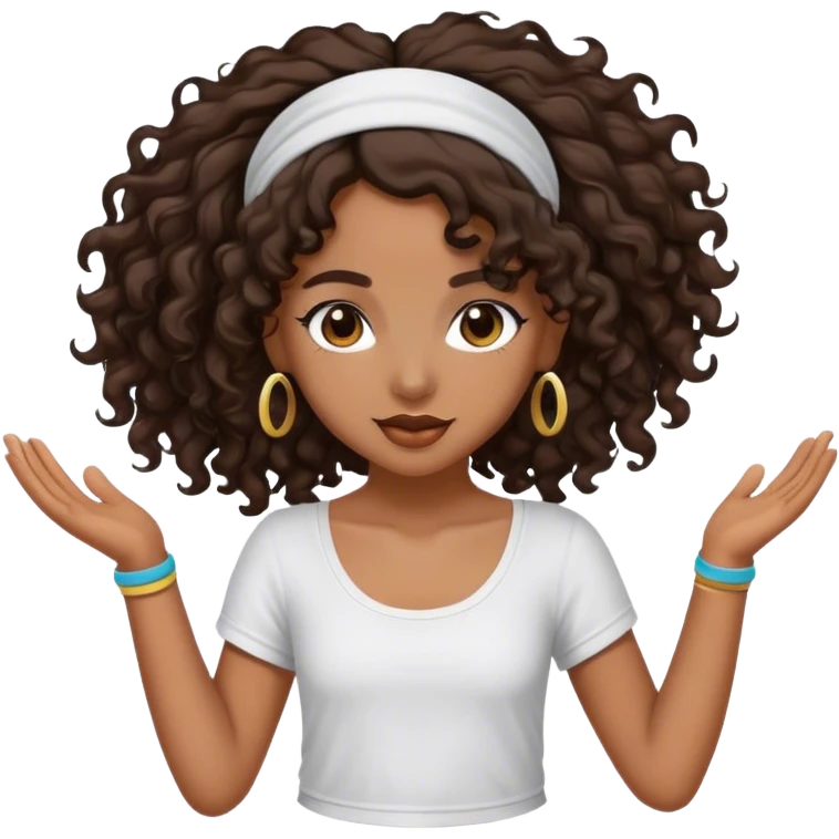 Dancing brown girl with long darn brown curly hair with headband hip hop emoji