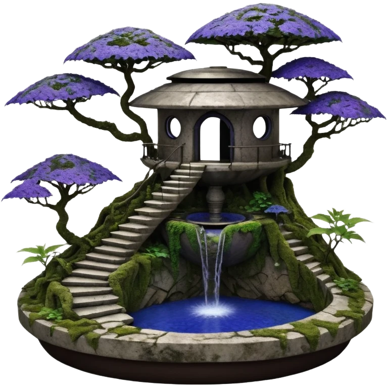 Alien saucer house jungle-vines precarious narrow stairway fountain mountain-island getaway landscape antique mudman very old broken cracked intricate Stone Age lapis-crusted irregular dodecagon-shaped shallow dark moss rough bark violet serissa flowered maple tree bonsai pot emoji