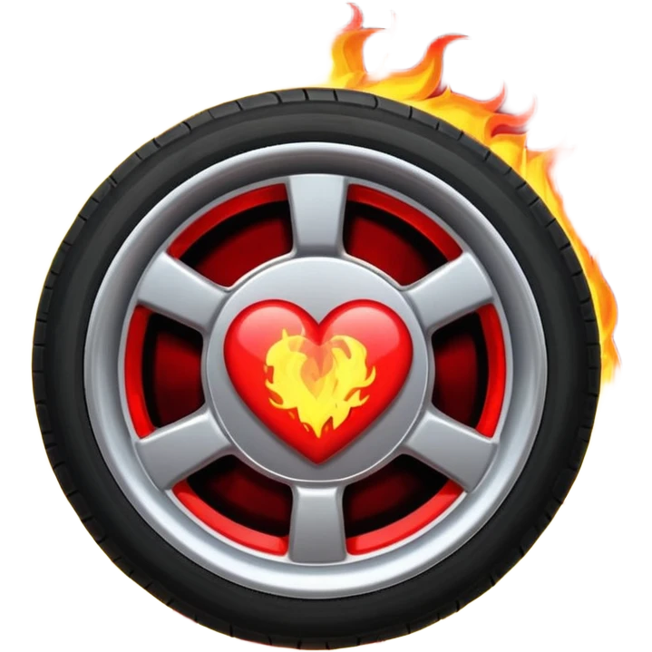 the car wheel is on fire, and in the center of the wheel there is a red fiery heart, high quality emoji