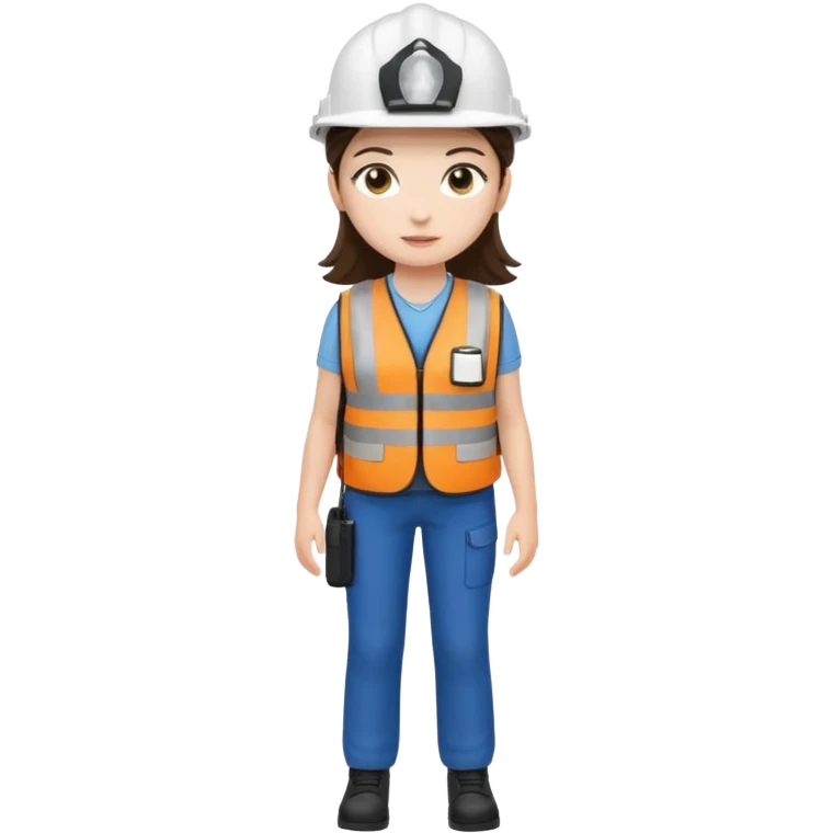 Brunette brown Girl full body standing with her white security helmet and security vest that fits her large on, also with her black backpack. Full body emoji