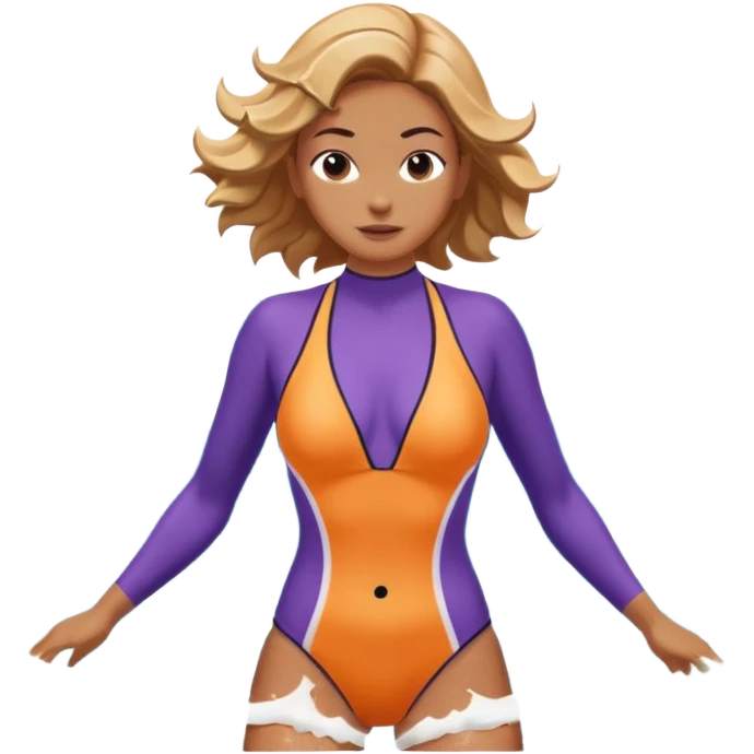 woman standing in the ocean with visible waves around her, medium shot showing upper body and surrounding water, waves clearly rising and splashing, dynamic sea motion, confident expression, 3D cartoon style, mobile game icon style, clean composition, no text, no watermark
  emoji