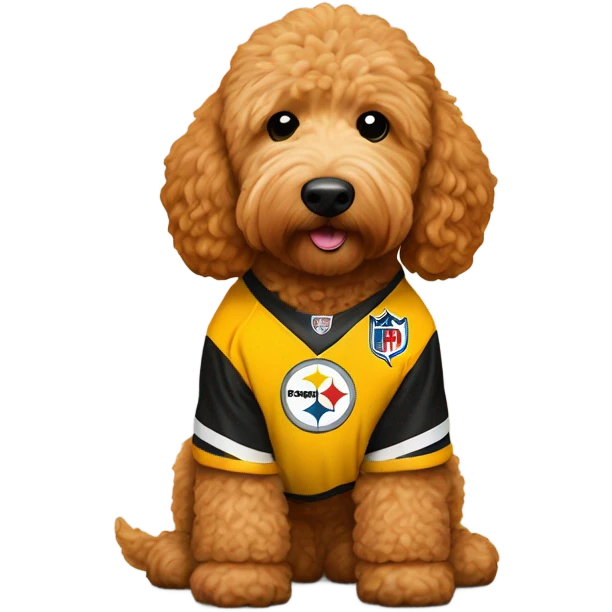 Ginger Golden doodle with Pittsburgh Steelers jersey on emoji
