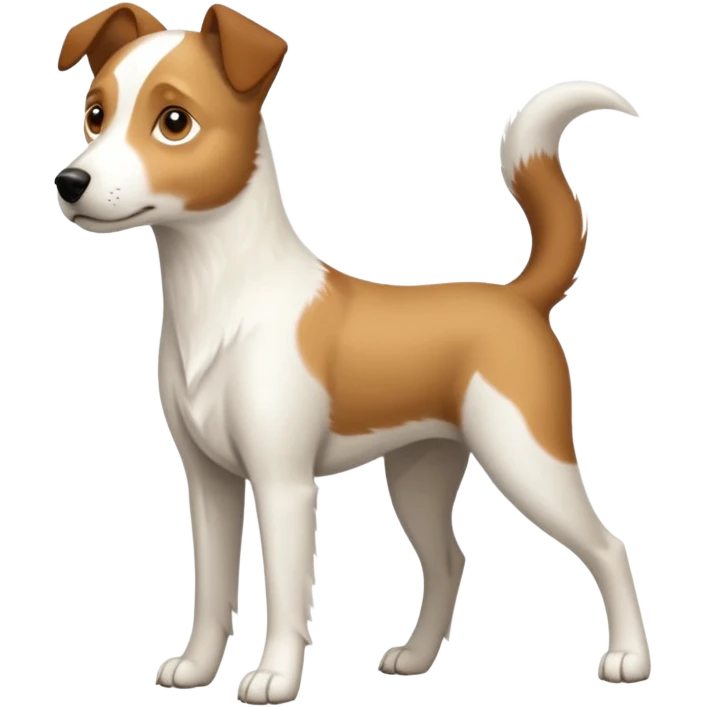 a full body white parson russell looking dog the size of a kelpie with light brown ears and a light brown patch on one eye and a large snout emoji