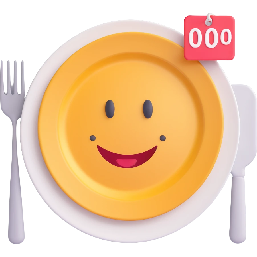 playful smiling plate with food and a price tag showing $0 conveying the idea of a free meal emoji