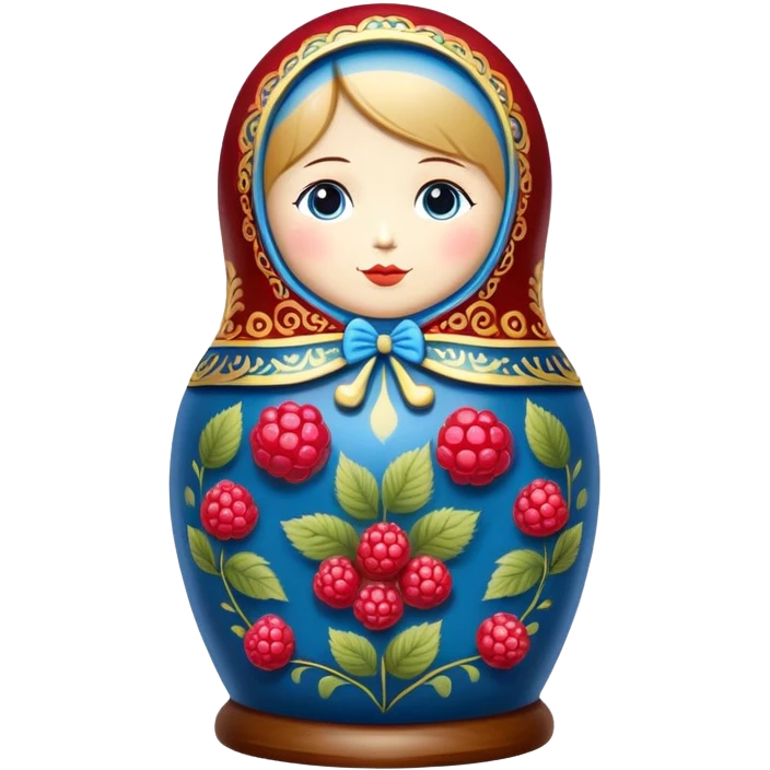 blue khokhloma-painted matryoshka doll with raspberries inside emoji