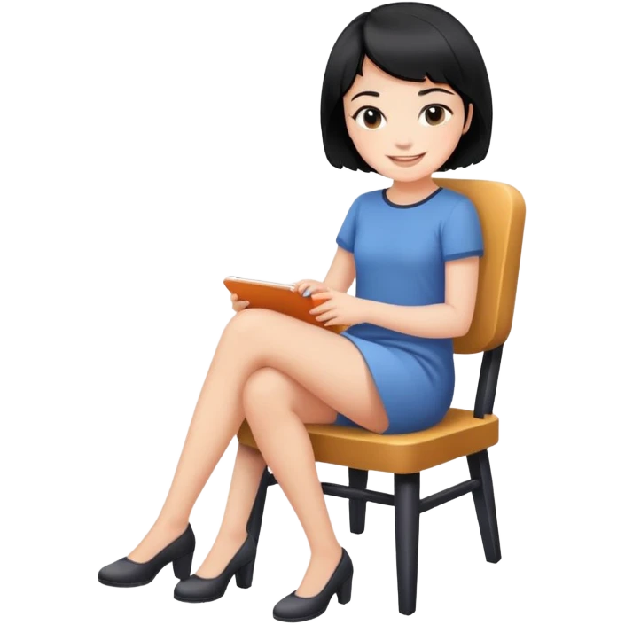 Girl with short black hair smiling sitting on a chair emoji