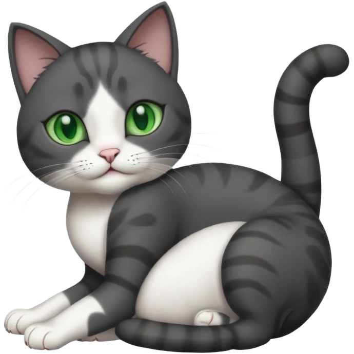 beautiful female solid dark grey cat with green eyes, white toes/paws and white patch on her chest rolling upside down emoji