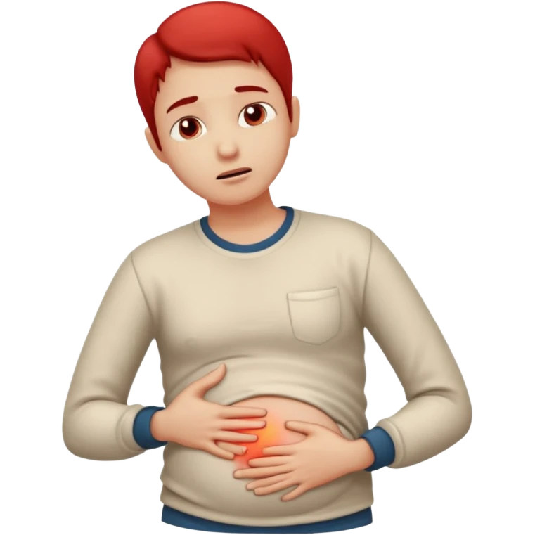 A person wearing casual clothes, holding their stomach with one hand, showing visible discomfort. A red glow appears over the abdominal area to indicate pain. Realistic medical illustration style, clean white background, focus on body language expressing stomach ache or cramps. emoji