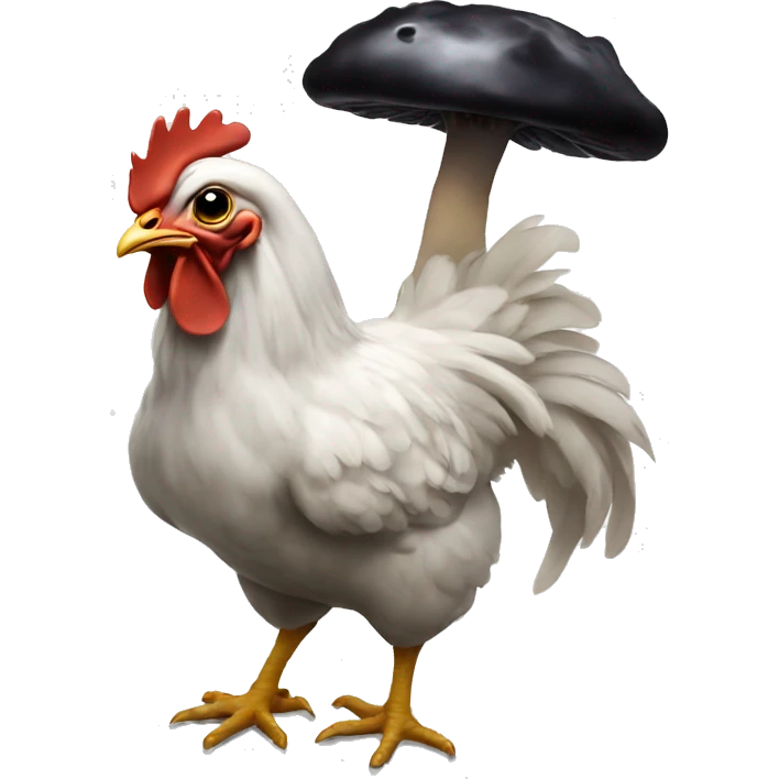 a chicken holding a black mushroom emoji