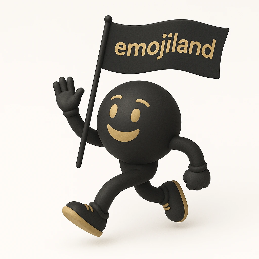 happy runner waving a flag that says 'emojiland' emoji
