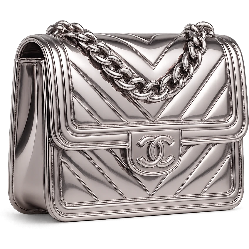 pink Chanel purse, chrome style, shiny metallic finish, modern and sleek emoji