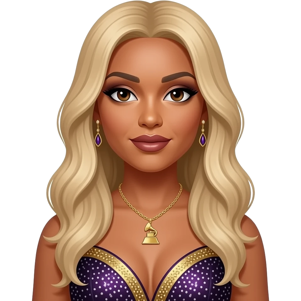 Leanne "Lelee" Lyons from SWV with dark brown eyes, long blonde hair, dark brown eyeshadow and lipstick, dark purple and gold grammy dress, necklace and earrings emoji