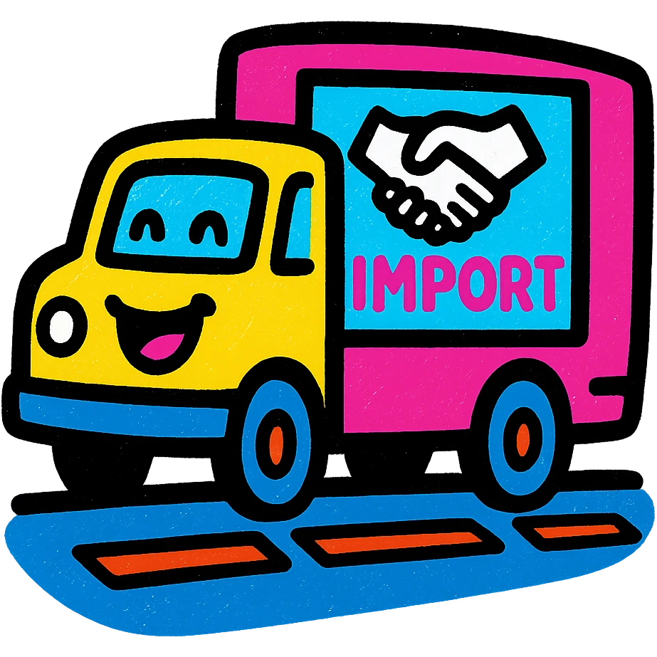 A cheerful icon of a truck driving on a highway with imported goods and a partnership symbol, using colors #1E90FF, #F13816, and #FFFFFF emoji