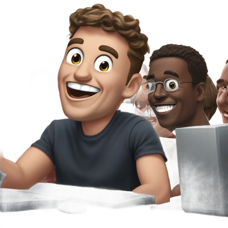 Musk in the treasury department laughing with devil horns coming out of his skull and in background young college guys on computers with eyes bulging out and looking frantic while typing fast emoji