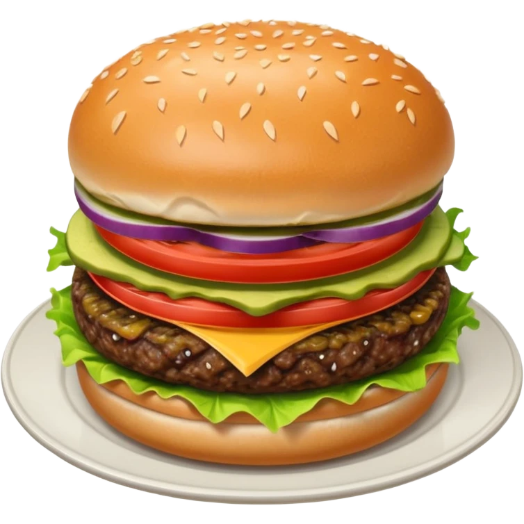 Draw a hamburger on a plate using a downward-facing look, ensuring the object remains stationary without rotation or tilt. emoji